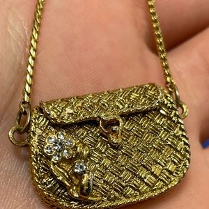 Vintage Gold Tone Rhinestone Purse Open & Shut Pendant - 24in Chain Barrel Clasp